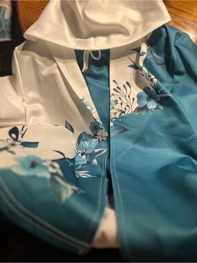 Teal and White Floral Hooded Blazer and Pants Set